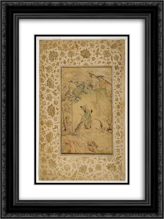 Hunters at a Stream 18x24 Black Ornate Wood Framed Art Print Poster with Double Matting by Abbasi, Reza