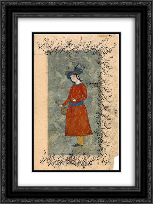 Young man with a bottle and a wine-cup 18x24 Black Ornate Wood Framed Art Print Poster with Double Matting by Abbasi, Reza