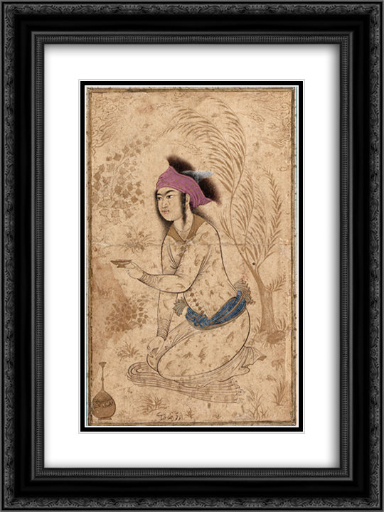 Youth kneeling and holding out a wine-cup 18x24 Black Ornate Wood Framed Art Print Poster with Double Matting by Abbasi, Reza