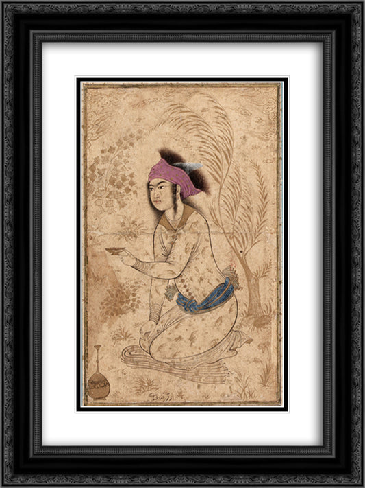 Youth kneeling and holding out a wine-cup 18x24 Black Ornate Wood Framed Art Print Poster with Double Matting by Abbasi, Reza