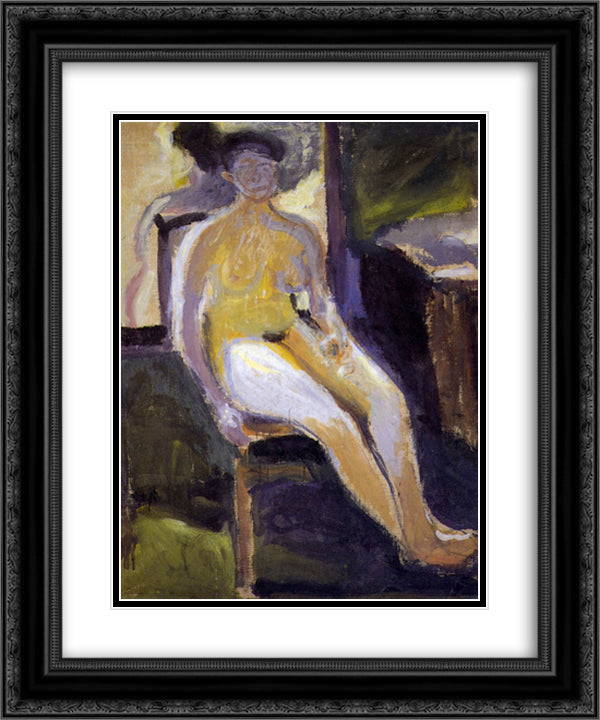 Seated Female Nude 20x24 Black Ornate Wood Framed Art Print Poster with Double Matting by Gerstl, Richard
