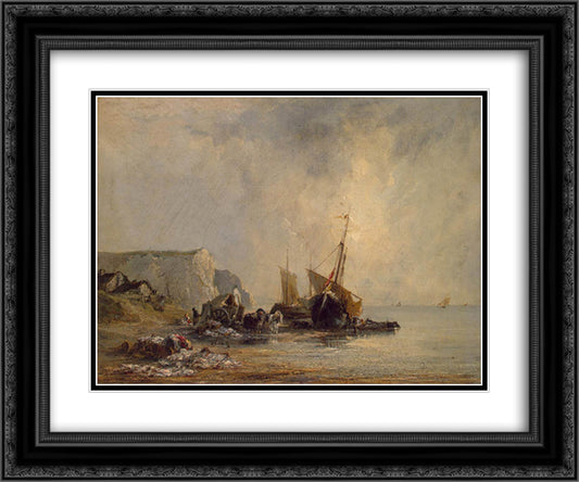 Boats by the Normandy Shore 24x20 Black Ornate Wood Framed Art Print Poster with Double Matting by Bonington, Richard Parkes