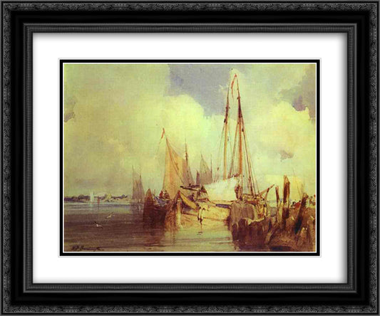 French River Scene with Fishing Boats 24x20 Black Ornate Wood Framed Art Print Poster with Double Matting by Bonington, Richard Parkes