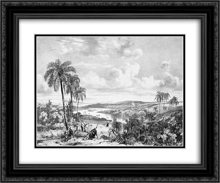 Green fields at the boards of Rio das Velhas 24x20 Black Ornate Wood Framed Art Print Poster with Double Matting by Bonington, Richard Parkes