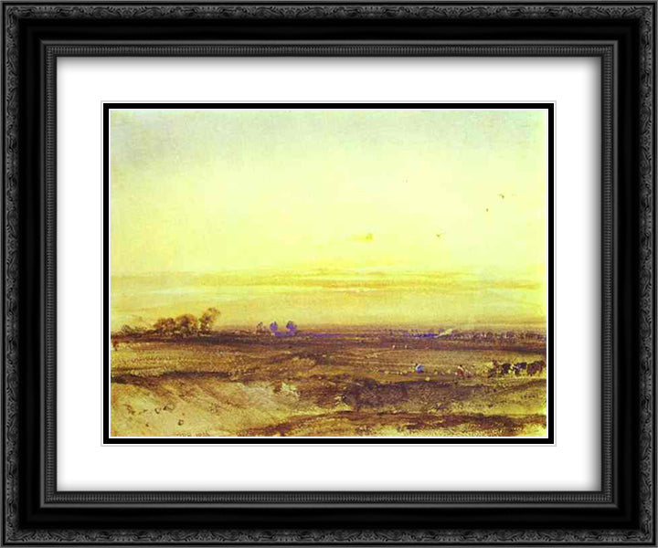 Landscape with Harvesters at Sunset 24x20 Black Ornate Wood Framed Art Print Poster with Double Matting by Bonington, Richard Parkes