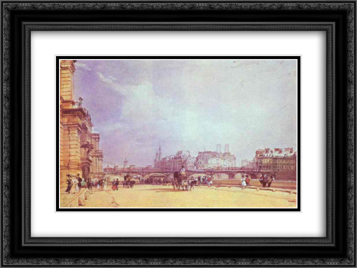 Paris. Quai du Louvre. 24x18 Black Ornate Wood Framed Art Print Poster with Double Matting by Bonington, Richard Parkes