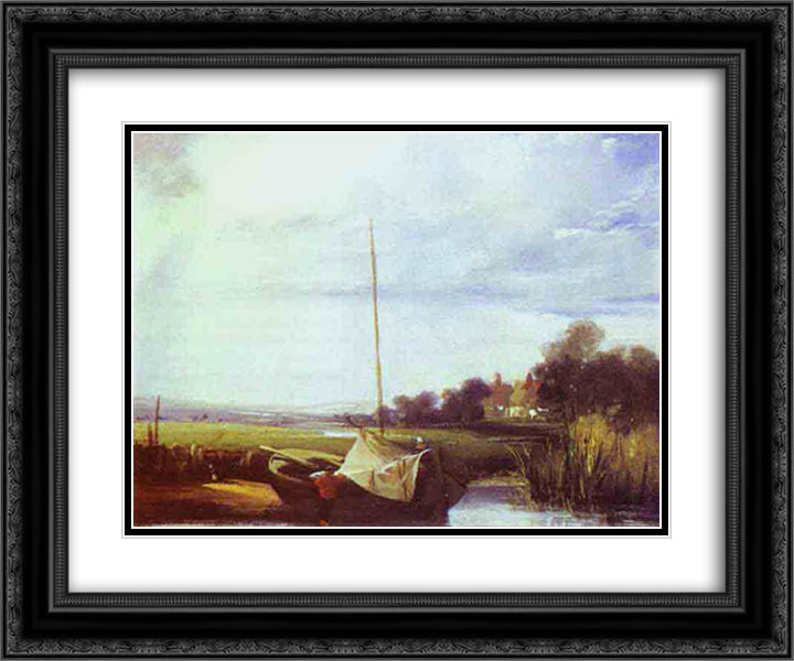 River Scene in France 24x20 Black Ornate Wood Framed Art Print Poster with Double Matting by Bonington, Richard Parkes