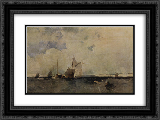 Seascape 24x18 Black Ornate Wood Framed Art Print Poster with Double Matting by Bonington, Richard Parkes