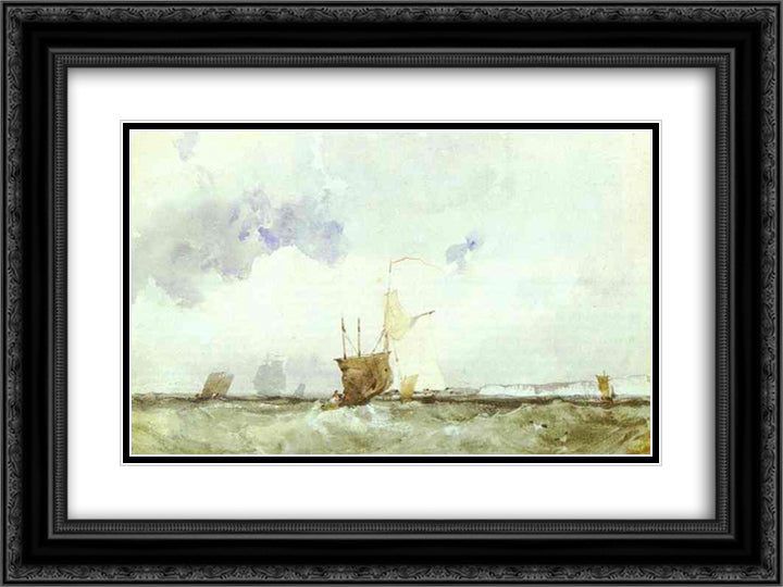 Vessels in a Choppy Sea 24x18 Black Ornate Wood Framed Art Print Poster with Double Matting by Bonington, Richard Parkes