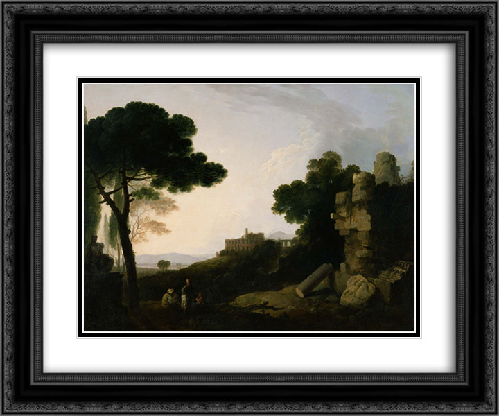 Landscape Capriccio with Tomb of the Horatii and Curiatii, and the Villa of Maecenas at Tivoli 24x20 Black Ornate Wood Framed Art Print Poster with Double Matting by Wilson, Richard