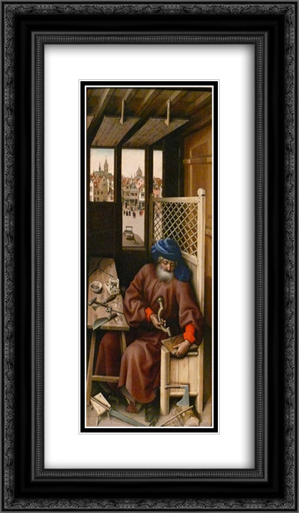 The Merode Altarpiece - Joseph as a medieval carpenter 14x24 Black Ornate Wood Framed Art Print Poster with Double Matting by Campin, Robert