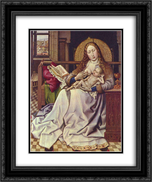 Virgin and Child Before a Firescreen 20x24 Black Ornate Wood Framed Art Print Poster with Double Matting by Campin, Robert