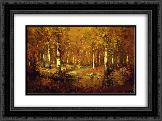 Autumn Birches, Central Park 24x18 Black Ornate Wood Framed Art Print Poster with Double Matting by Onderdonk, Robert Julian