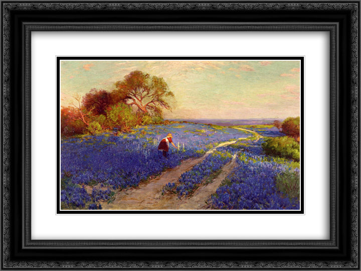 Bluebonnet Scene with a Girl 24x18 Black Ornate Wood Framed Art Print Poster with Double Matting by Onderdonk, Robert Julian