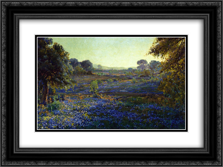 Bluebonnets at Late Afternoon, near La Grange 24x18 Black Ornate Wood Framed Art Print Poster with Double Matting by Onderdonk, Robert Julian