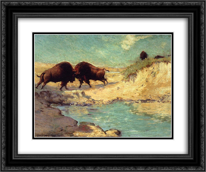Buffalo Hunt 24x20 Black Ornate Wood Framed Art Print Poster with Double Matting by Onderdonk, Robert Julian