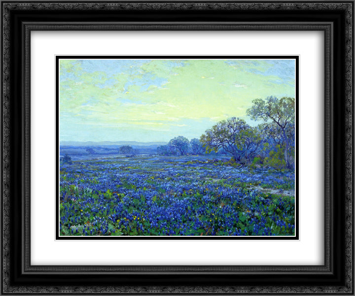 Field of Bluebonnets under Cloudy Sky 24x20 Black Ornate Wood Framed Art Print Poster with Double Matting by Onderdonk, Robert Julian