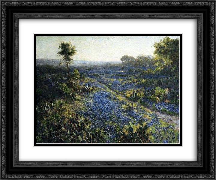 Field of Texas Bluebonnets and Prickly Pear Cacti 24x20 Black Ornate Wood Framed Art Print Poster with Double Matting by Onderdonk, Robert Julian