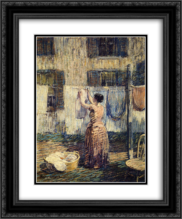 Woman Hanging Out Clothes 20x24 Black Ornate Wood Framed Art Print Poster with Double Matting by Spencer, Robert