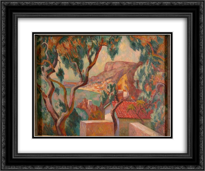 View on the Cote d'Azur, Menton 24x20 Black Ornate Wood Framed Art Print Poster with Double Matting by Fry, Roger