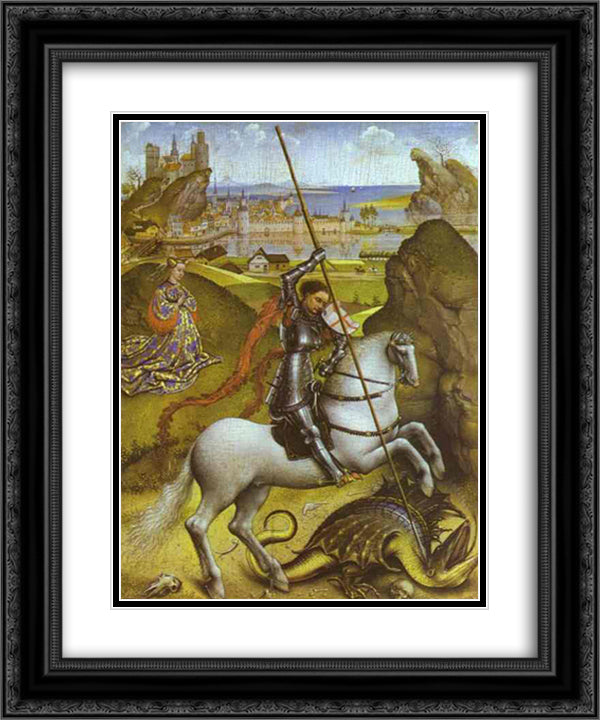 Saint George and the Dragon 20x24 Black Ornate Wood Framed Art Print Poster with Double Matting by van der Weyden, Rogier