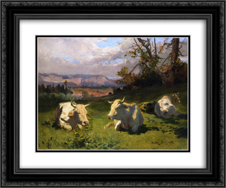 Cows Resting 24x20 Black Ornate Wood Framed Art Print Poster with Double Matting by Bonheur, Rosa