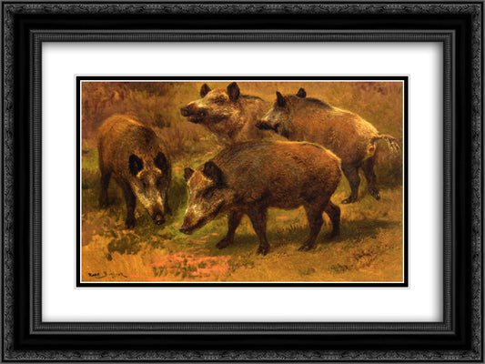 Four Boars in a Landscape 24x18 Black Ornate Wood Framed Art Print Poster with Double Matting by Bonheur, Rosa