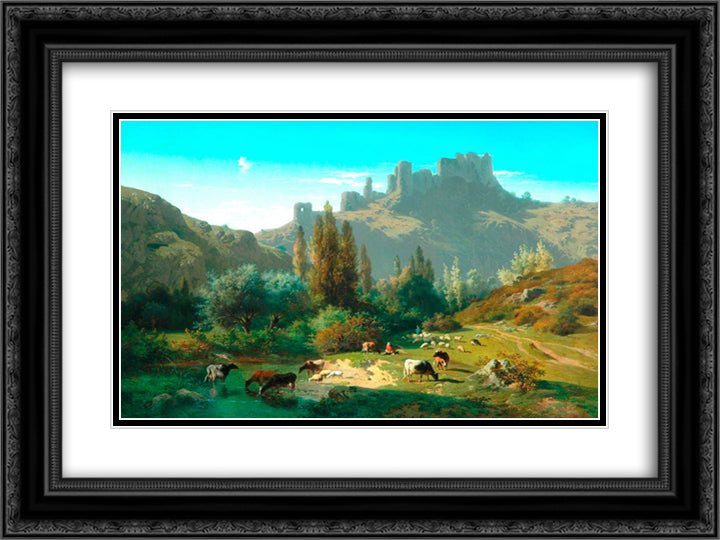 Landscape with Cattle 24x18 Black Ornate Wood Framed Art Print Poster with Double Matting by Bonheur, Rosa