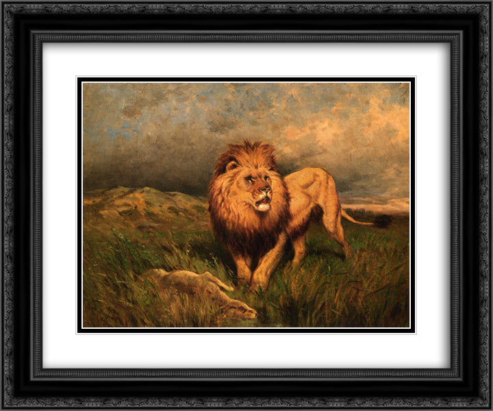 Lion and Prey (also known as The Kill) 24x20 Black Ornate Wood Framed Art Print Poster with Double Matting by Bonheur, Rosa