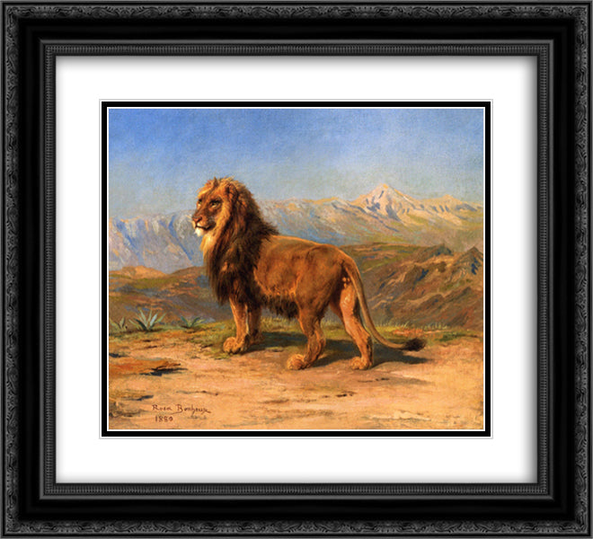 Lion in a Mountainous Landscape 22x20 Black Ornate Wood Framed Art Print Poster with Double Matting by Bonheur, Rosa