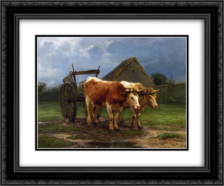 Oxen Pulling a Cart 24x20 Black Ornate Wood Framed Art Print Poster with Double Matting by Bonheur, Rosa