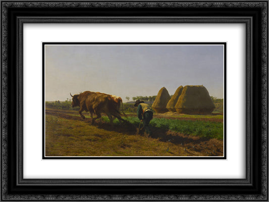 Ploughing Scene 24x18 Black Ornate Wood Framed Art Print Poster with Double Matting by Bonheur, Rosa