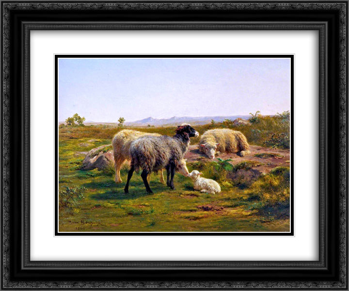 Sheep and a Lamb 24x20 Black Ornate Wood Framed Art Print Poster with Double Matting by Bonheur, Rosa