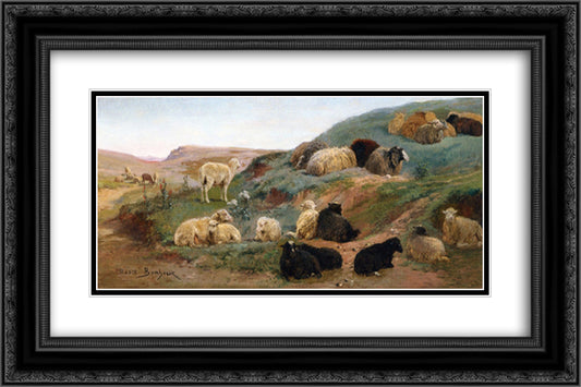 Sheep in a Mountainous Landscape 24x16 Black Ornate Wood Framed Art Print Poster with Double Matting by Bonheur, Rosa
