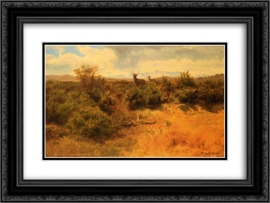 Stag and Doe in a Landscape 24x18 Black Ornate Wood Framed Art Print Poster with Double Matting by Bonheur, Rosa