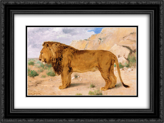 Study of a Lion 24x18 Black Ornate Wood Framed Art Print Poster with Double Matting by Bonheur, Rosa