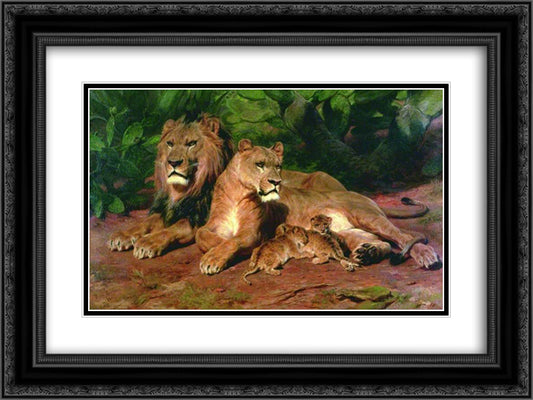 The Lion at Home 24x18 Black Ornate Wood Framed Art Print Poster with Double Matting by Bonheur, Rosa