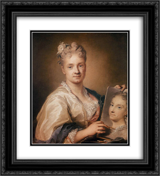 Self-portrait Holding a Portrait of Her Sister 20x22 Black Ornate Wood Framed Art Print Poster with Double Matting by Carriera, Rosalba