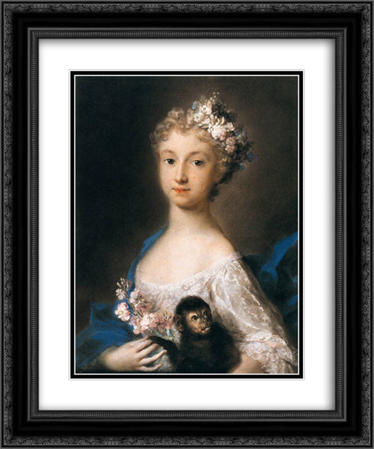 Young Girl Holding a Monkey 20x24 Black Ornate Wood Framed Art Print Poster with Double Matting by Carriera, Rosalba