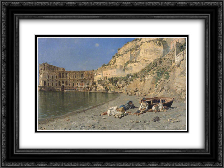 A Siesta in Sunshine 24x18 Black Ornate Wood Framed Art Print Poster with Double Matting by Santoro, Rubens