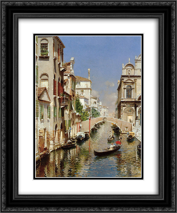 A Venetian Canal with the Scuola Grande di San Marco and Campo San Giovanni e Paolo, Venice 20x24 Black Ornate Wood Framed Art Print Poster with Double Matting by Santoro, Rubens