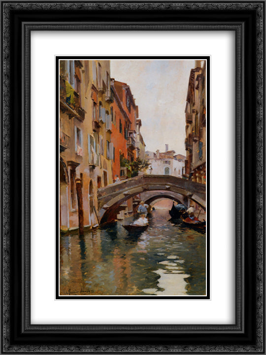 Gondola On a Venetian Canal 18x24 Black Ornate Wood Framed Art Print Poster with Double Matting by Santoro, Rubens