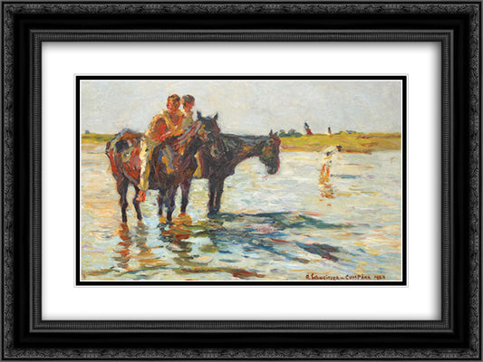 Bathe (Horses in the River) 24x18 Black Ornate Wood Framed Art Print Poster with Double Matting by Schweitzer Cumpana, Rudolf