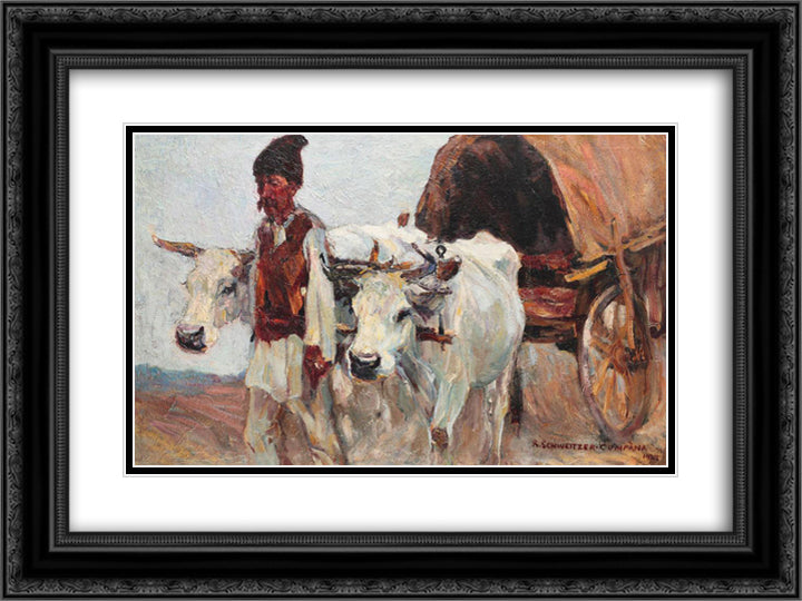 Oxcart 24x18 Black Ornate Wood Framed Art Print Poster with Double Matting by Schweitzer Cumpana, Rudolf