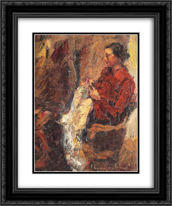 The Wife of the Artist, Sewing 20x24 Black Ornate Wood Framed Art Print Poster with Double Matting by Schweitzer Cumpana, Rudolf