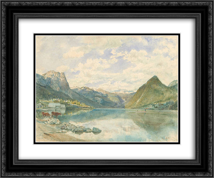 Mountain landscape with the Grundlsee 24x20 Black Ornate Wood Framed Art Print Poster with Double Matting by Alt, Rudolf von