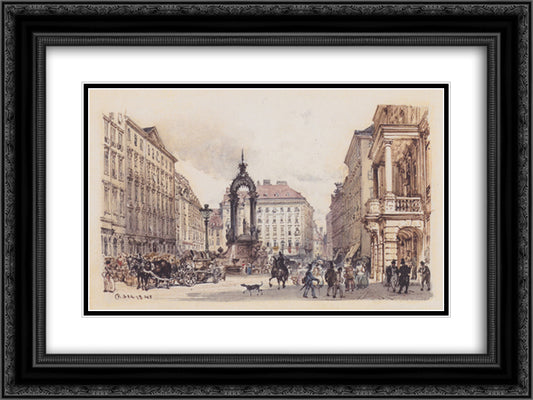 The large market in Vienna 24x18 Black Ornate Wood Framed Art Print Poster with Double Matting by Alt, Rudolf von