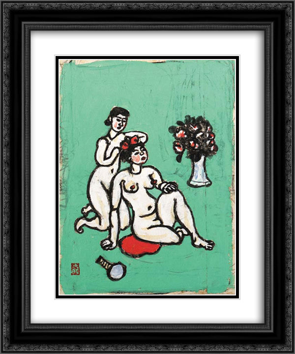 Nude arranging coiffure 20x24 Black Ornate Wood Framed Art Print Poster with Double Matting by Umehara, Ryuzaburo