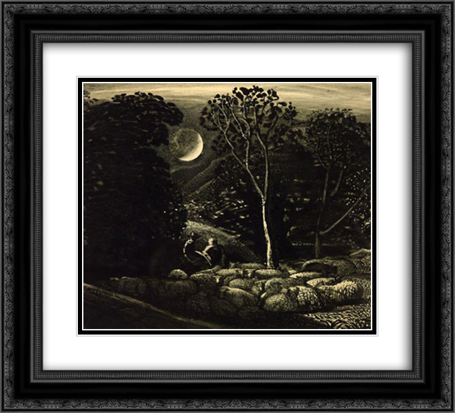 Moonlight, a Landscape with Sheep 22x20 Black Ornate Wood Framed Art Print Poster with Double Matting by Palmer, Samuel