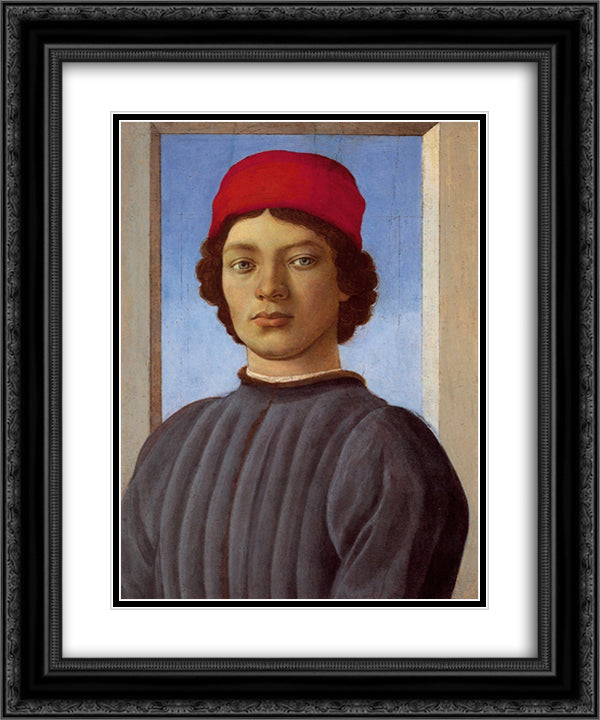 Portrait of a young man with red cap 20x24 Black Ornate Wood Framed Art Print Poster with Double Matting by Botticelli, Sandro